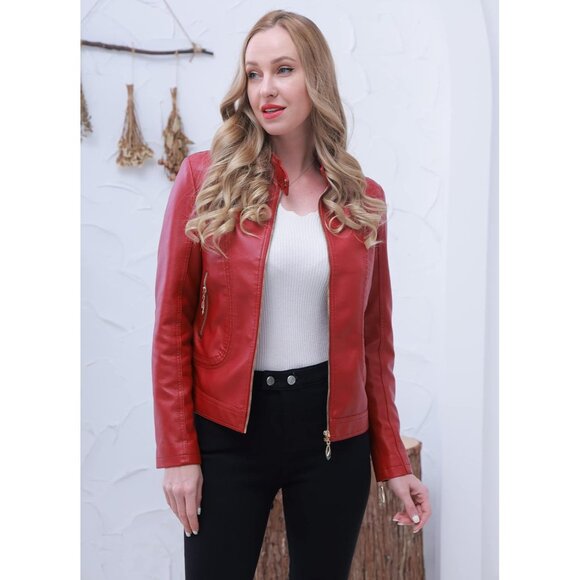🆕 Women Red Trendy Faux Leather Jacket Moto Short Metal Zipper Fashion PU Coat - Picture 2 of 7